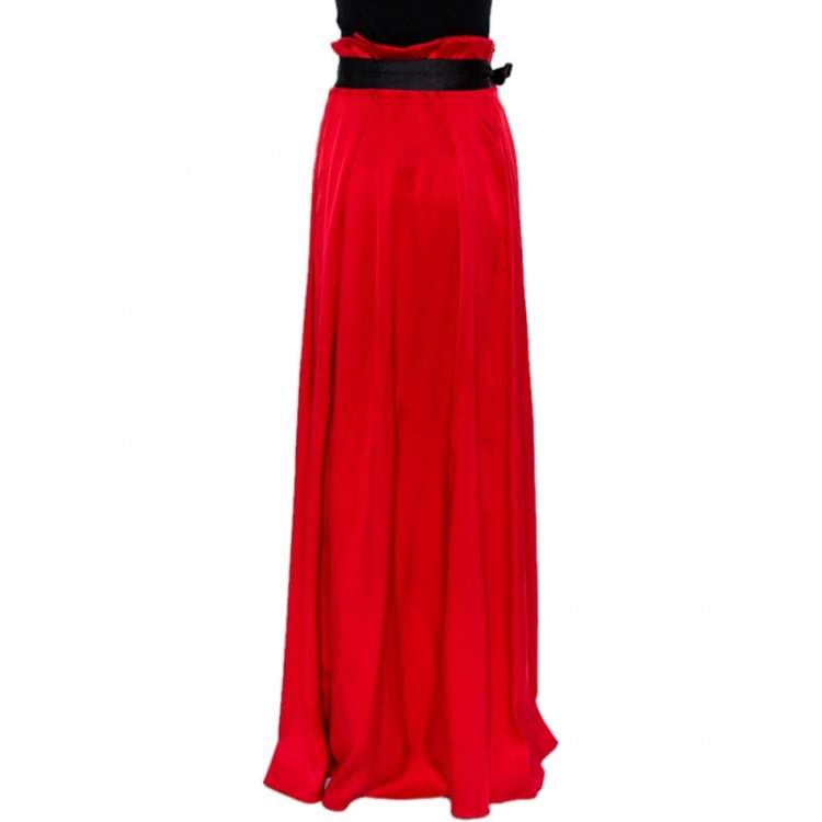 Pre Owned CH Carolina Herrera Red Silk Satin Contrast Belted Paper Bag Waist Maxi Skirt S