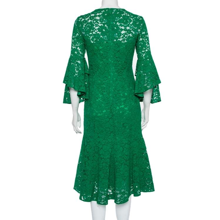 مملوكة مسبقًا CH Carolina Herrera Green Lace Bell Sleeve Detail Midi Dress S