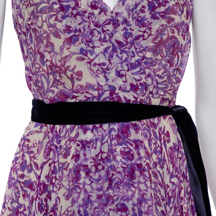 مملوكة مسبقًا CH Carolina Herrera Purple & Beige Printed Silk Waist Tie Detail Maxi Dress M