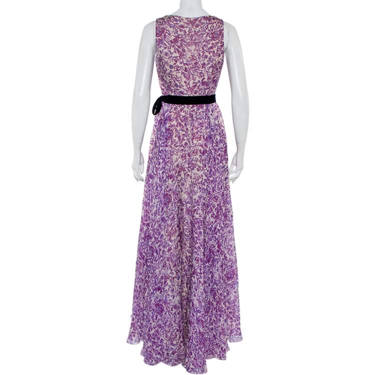 مملوكة مسبقًا CH Carolina Herrera Purple & Beige Printed Silk Waist Tie Detail Maxi Dress M