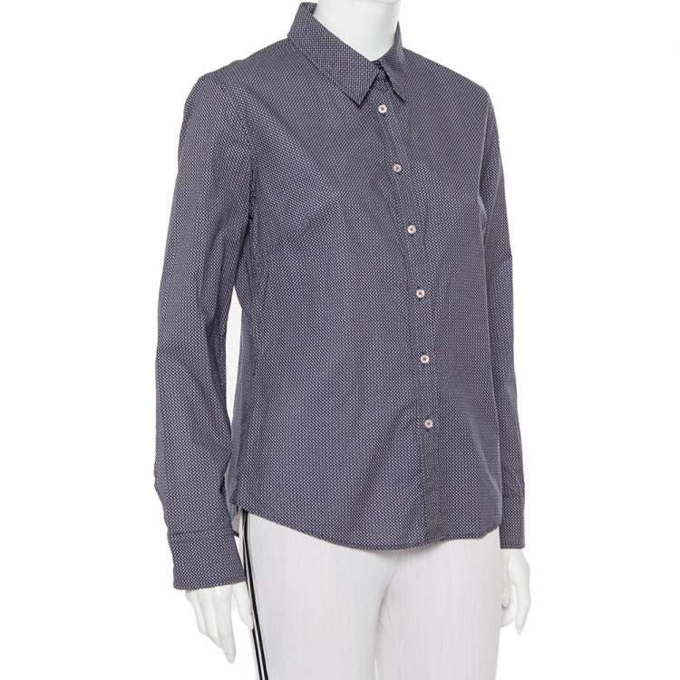 Pre Owned CH Carolina Herrera Navy Blue Logo Printed Cotton Button Front Shirt L