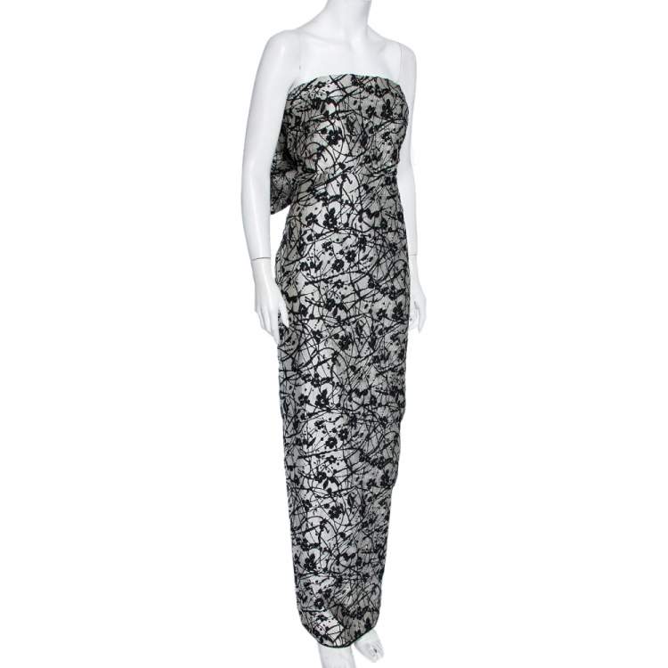 Pre Owned CH Carolina Herrera Monochrome Floral Jacquard Bow Detail Strapless Gown L