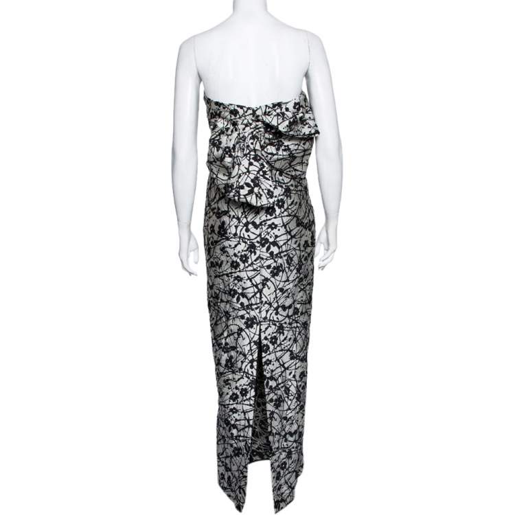 Pre Owned CH Carolina Herrera Monochrome Floral Jacquard Bow Detail Strapless Gown L