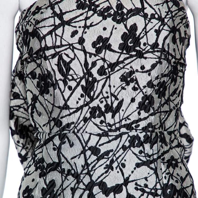 Pre Owned CH Carolina Herrera Monochrome Floral Jacquard Bow Detail Strapless Gown L