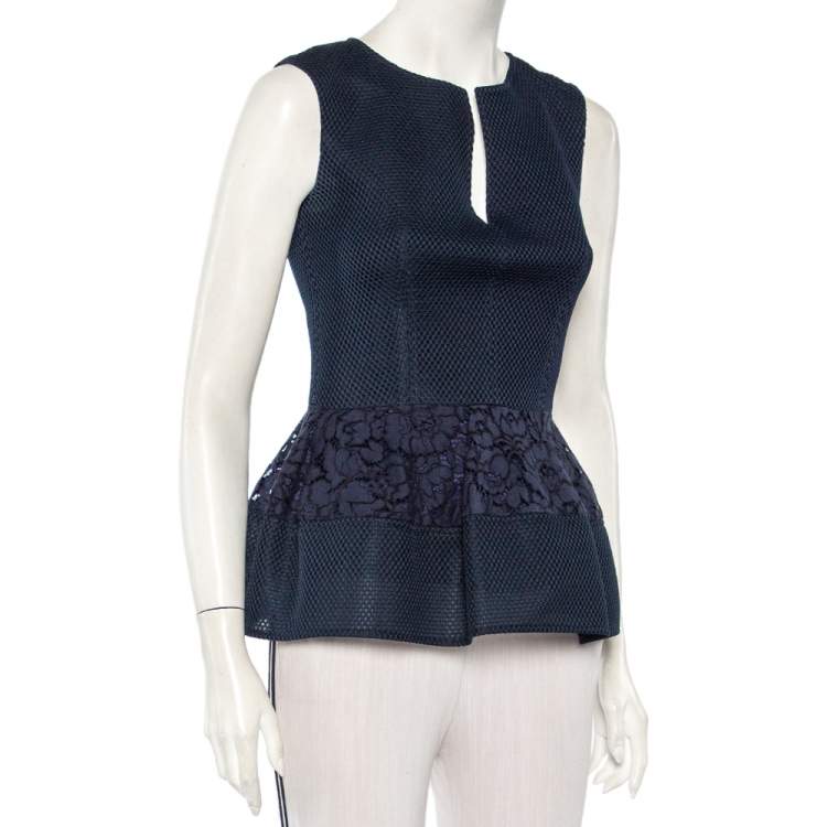 مملوكة مسبقًا CH Carolina Herrera Navy Blue Mesh & Lace Paneled Sleeveless Top S