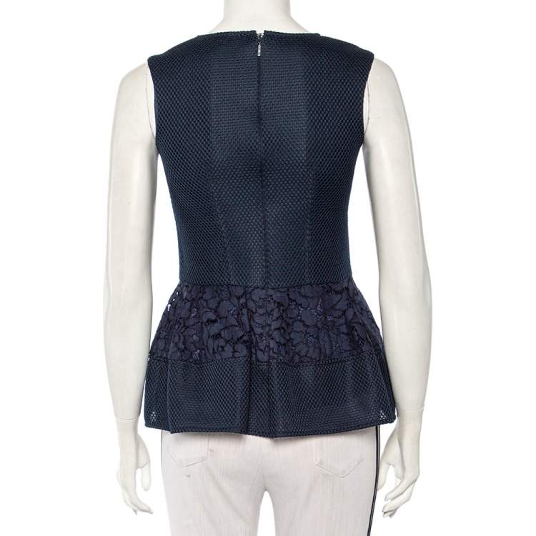 مملوكة مسبقًا CH Carolina Herrera Navy Blue Mesh & Lace Paneled Sleeveless Top S