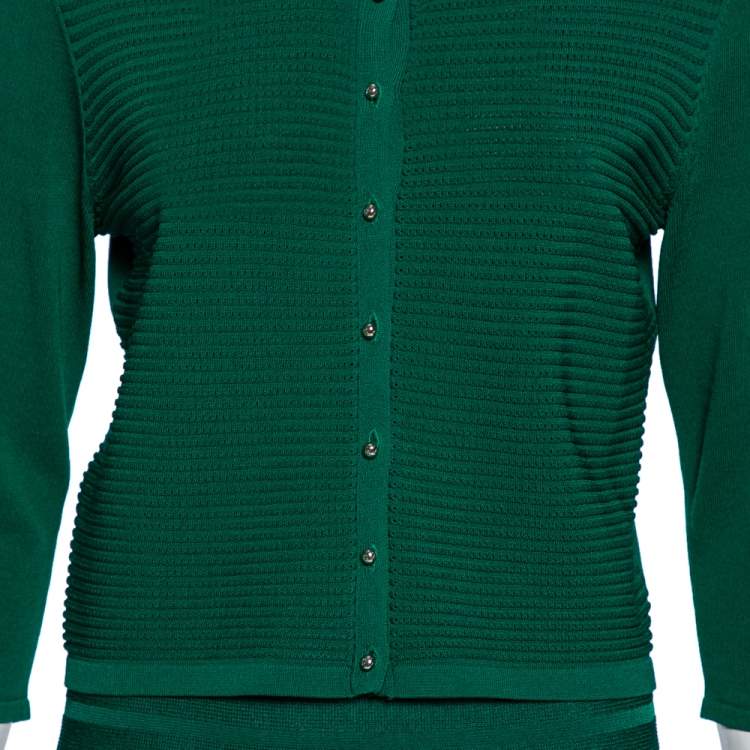 Pre Owned CH Carolina Herrera Green Knit Button Front Top & Skirt Set M