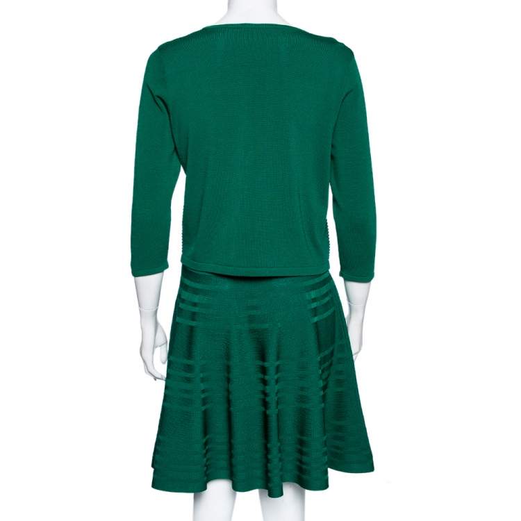 Pre Owned CH Carolina Herrera Green Knit Button Front Top & Skirt Set M
