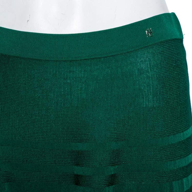 Pre Owned CH Carolina Herrera Green Knit Button Front Top & Skirt Set M