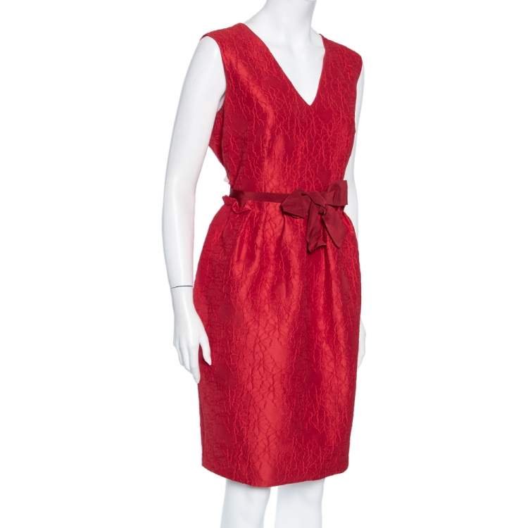 Pre Owned CH Carolina Herrera Red Floral Embossed Jacquard Sleeveless Dress L