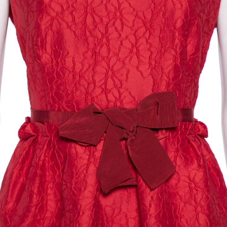 Pre Owned CH Carolina Herrera Red Floral Embossed Jacquard Sleeveless Dress L