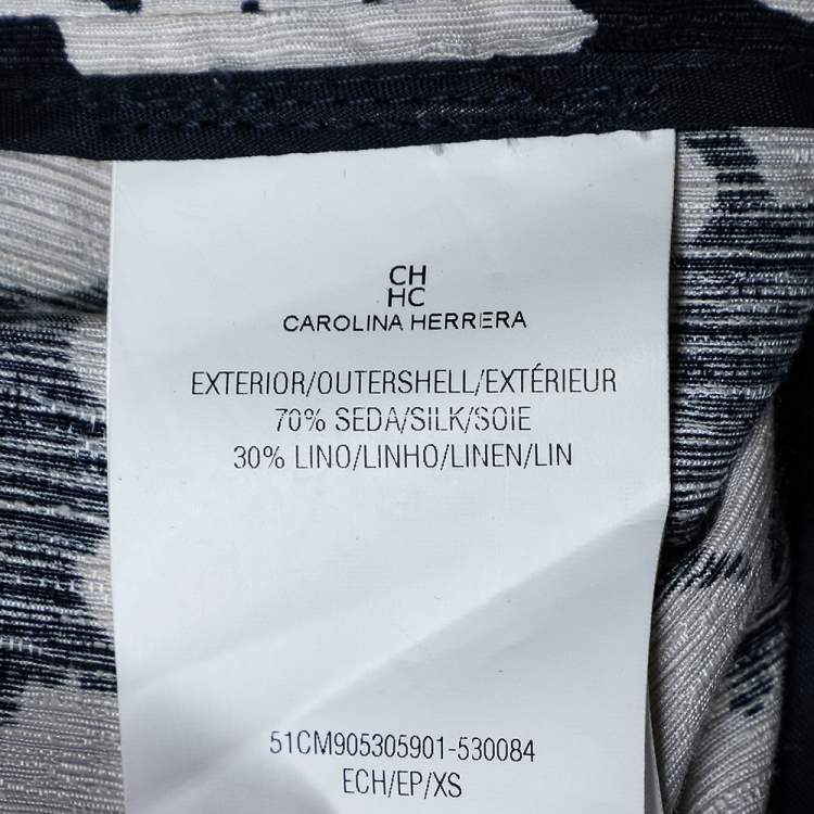 Pre Owned CH Carolina Herrera Navy Blue Floral Print Silk & Linen Belted Dress XS