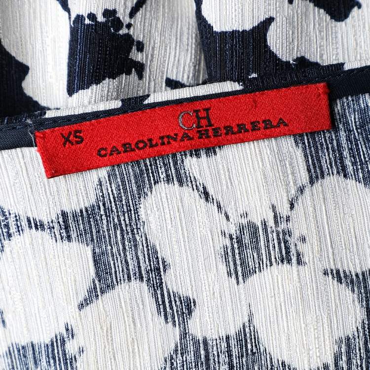 Pre Owned CH Carolina Herrera Navy Blue Floral Print Silk & Linen Belted Dress XS