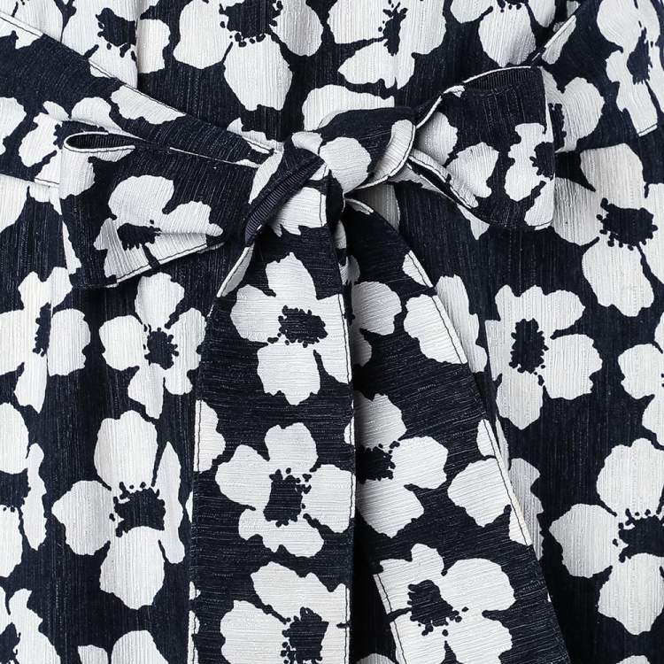 Pre Owned CH Carolina Herrera Navy Blue Floral Print Silk & Linen Belted Dress XS