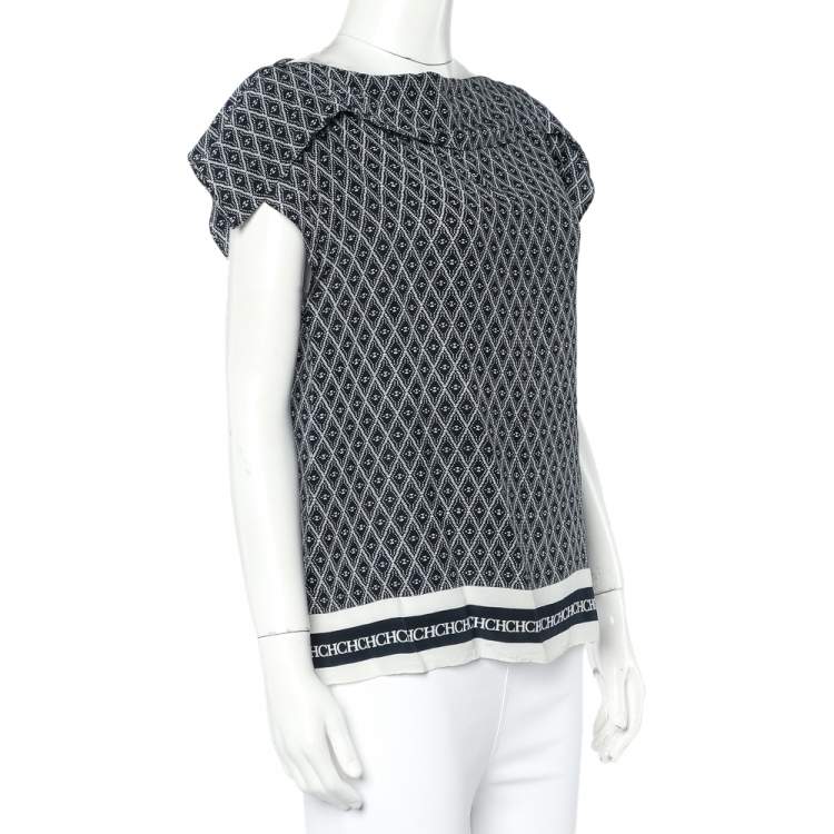 Pre Owned CH Carolina Herrera Navy Blue Printed Silk Blend Cowl Neck Top XS