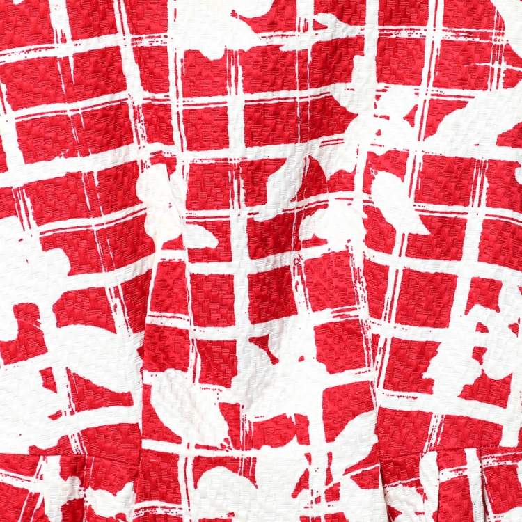 Pre Owned CH Carolina Herrera Red Floral Grid Printed Sheath Dress M