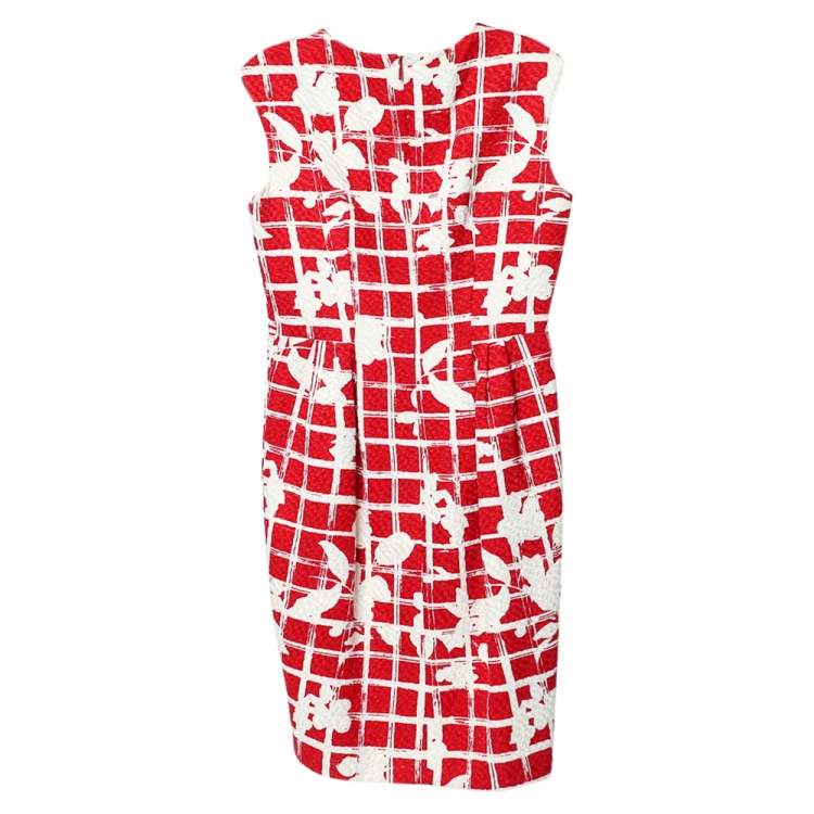 Pre Owned CH Carolina Herrera Red Floral Grid Printed Sheath Dress M