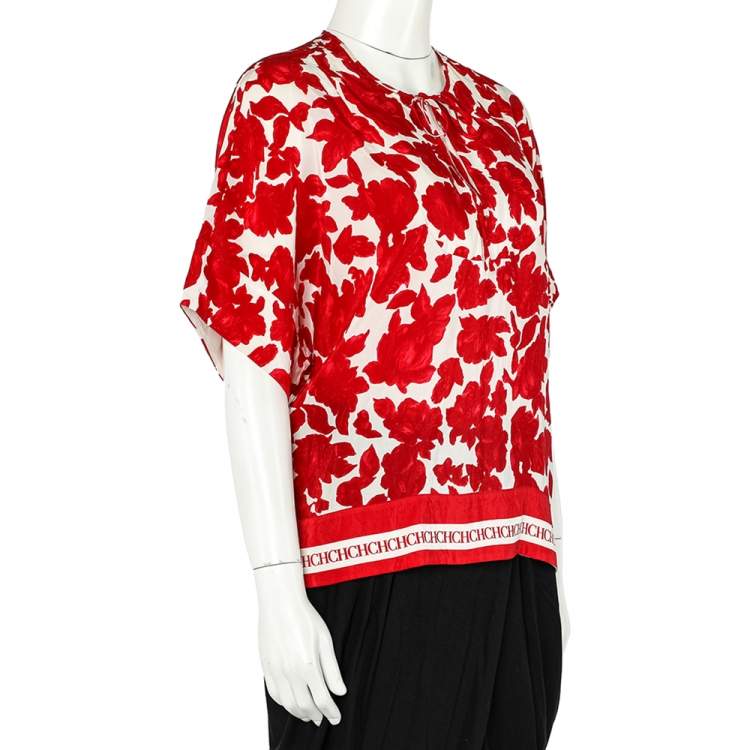 مملوكة مسبقًا CH Carolina Herrera Red Floral Print Silk Blend Blouse S