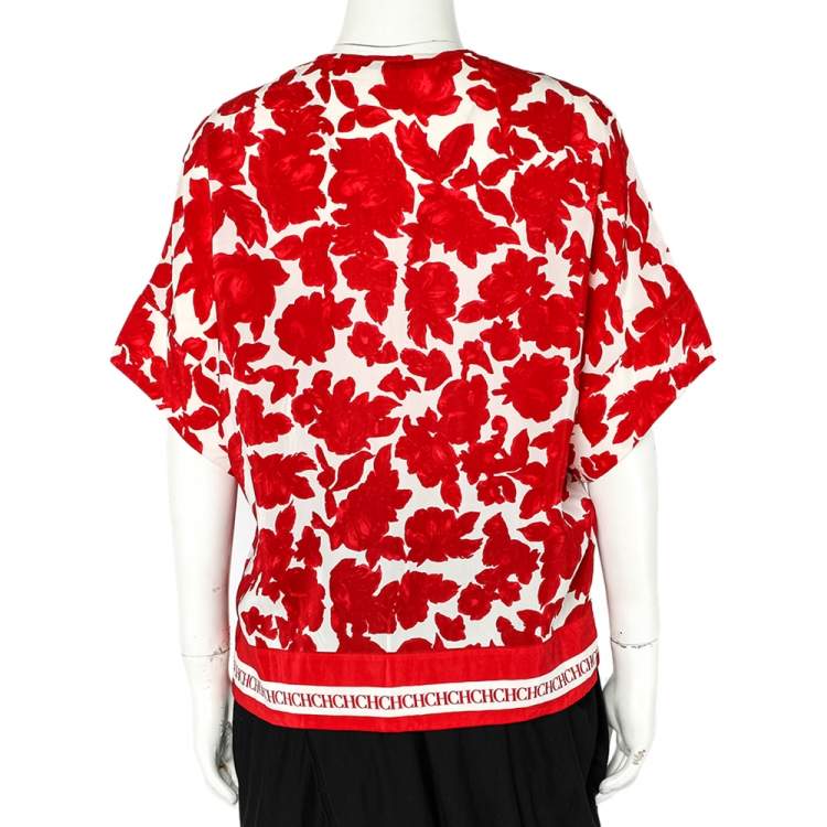 مملوكة مسبقًا CH Carolina Herrera Red Floral Print Silk Blend Blouse S
