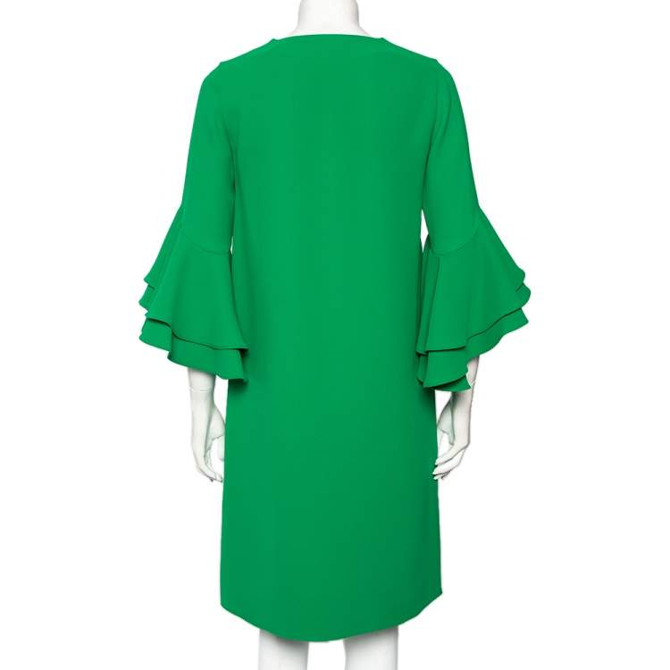 Pre Owned CH Carolina Herrera Green Crepe Ruffled Sleeve Shift Dress S