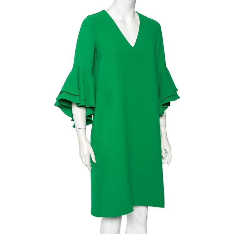 Pre Owned CH Carolina Herrera Green Crepe Ruffled Sleeve Shift Dress S