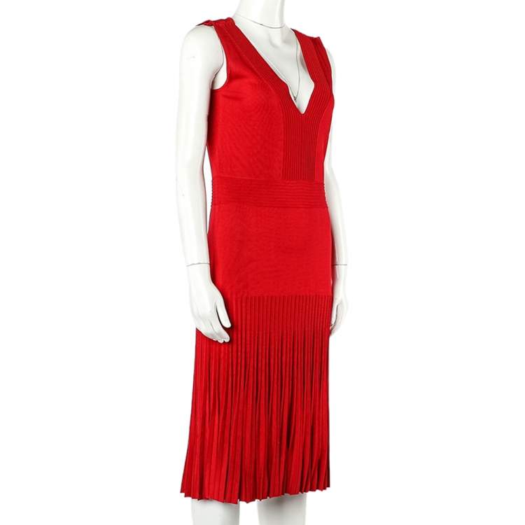Pre Owned CH Carolina Herrera Red Rib Knit Flared Dress M