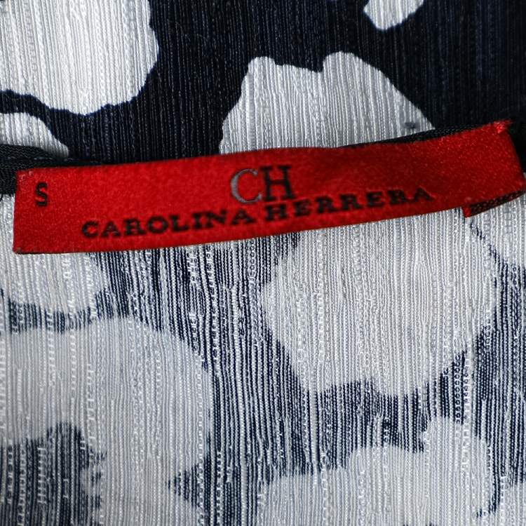 Pre Owned CH Carolina Herrera Navy Blue Floral Print Silk & Linen Belted Dress S
