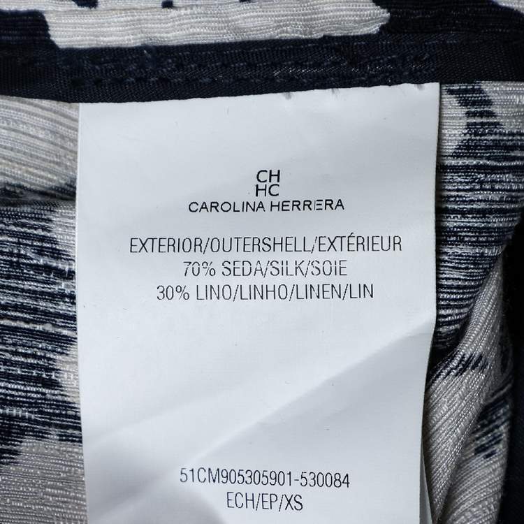 Pre Owned CH Carolina Herrera Navy Blue Floral Print Silk & Linen Belted Dress S