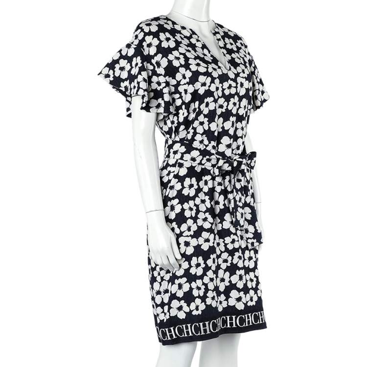 Pre Owned CH Carolina Herrera Navy Blue Floral Print Silk & Linen Belted Dress S
