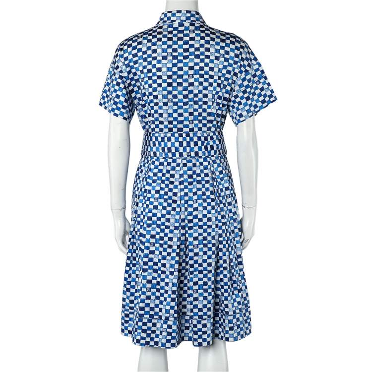 Pre Owned CH Carolina Herrera Blue Logo Grid Print Cotton Belted Dress S