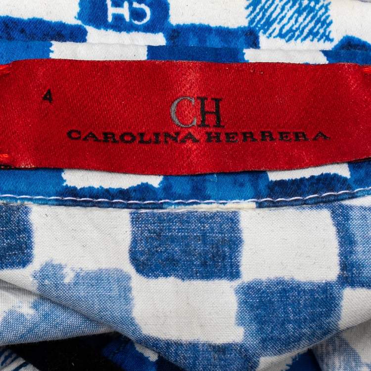 Pre Owned CH Carolina Herrera Blue Logo Grid Print Cotton Belted Dress S