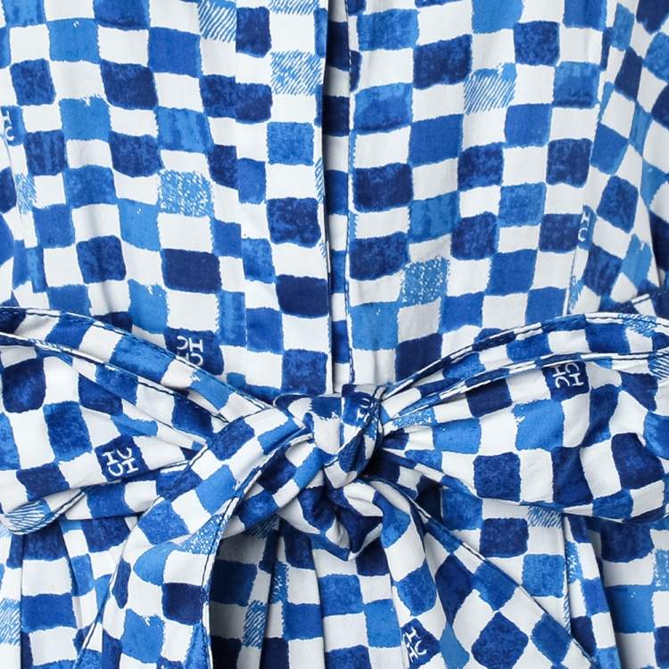 Pre Owned CH Carolina Herrera Blue Logo Grid Print Cotton Belted Dress S