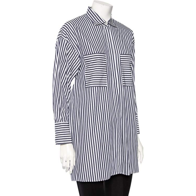 مملوكة مسبقًا CH Carolina Herrera White & Navy Blue Cotton Striped Paneled Oversized Shirt XS