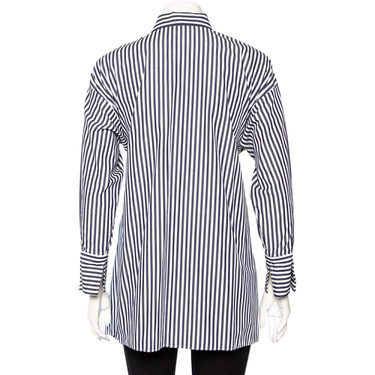 مملوكة مسبقًا CH Carolina Herrera White & Navy Blue Cotton Striped Paneled Oversized Shirt XS