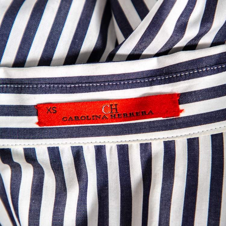 مملوكة مسبقًا CH Carolina Herrera White & Navy Blue Cotton Striped Paneled Oversized Shirt XS