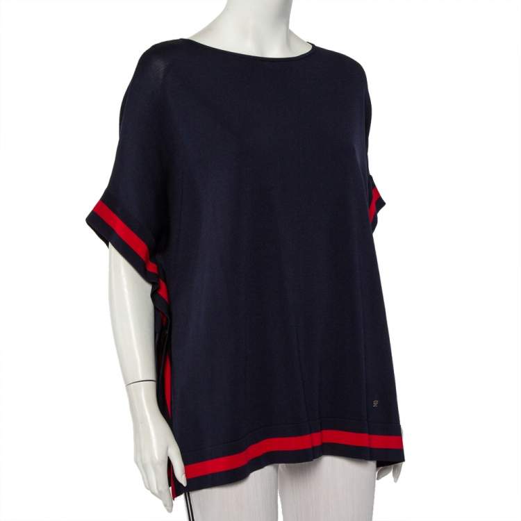 Pre Owned CH Carolina Herrera Navy Blue Rib Knit Contrast Striped Kaftan Top S