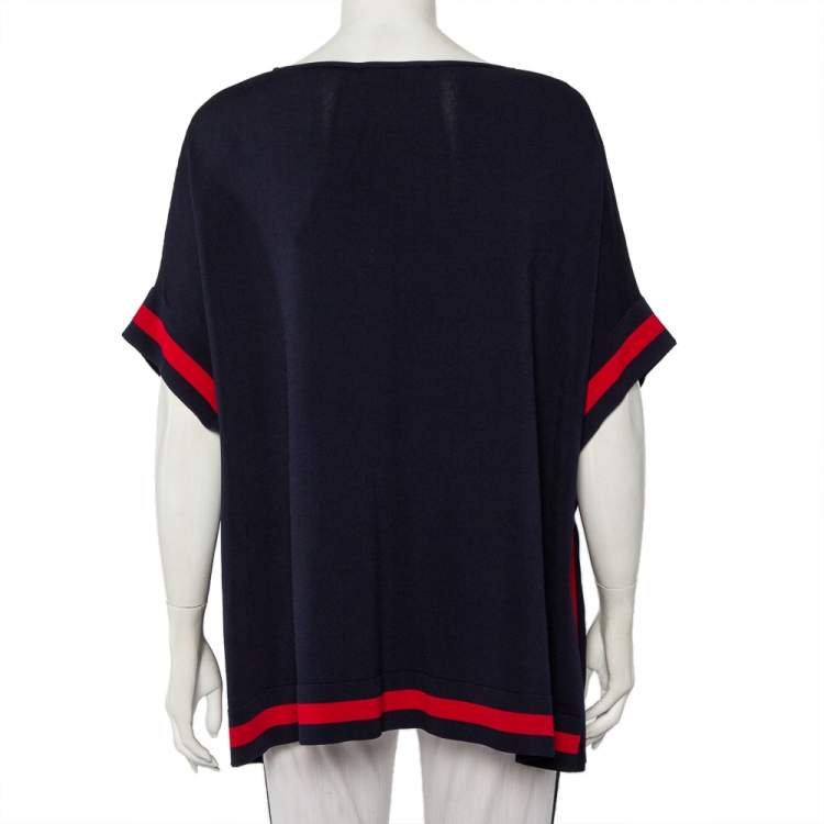 Pre Owned CH Carolina Herrera Navy Blue Rib Knit Contrast Striped Kaftan Top S