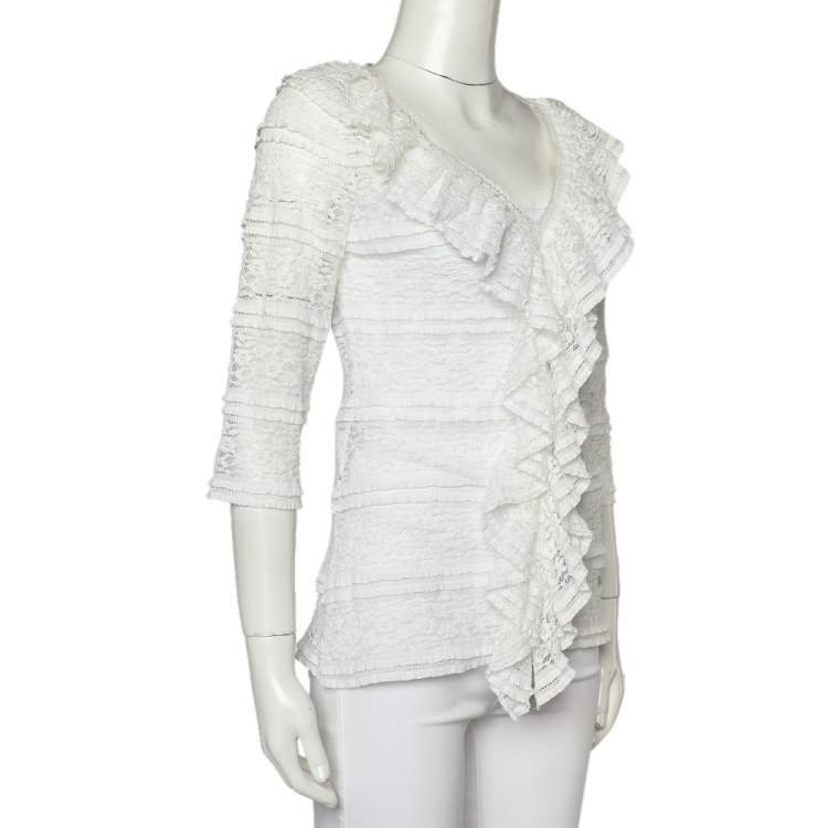 Pre Owned CH Carolina Herrera White Lace Ruffled V Neck Top S