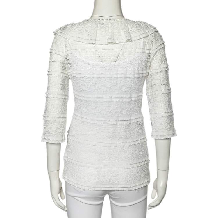 Pre Owned CH Carolina Herrera White Lace Ruffled V Neck Top S