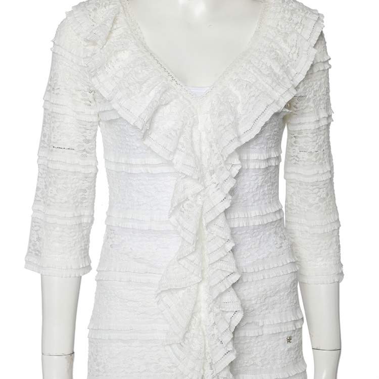 Pre Owned CH Carolina Herrera White Lace Ruffled V Neck Top S