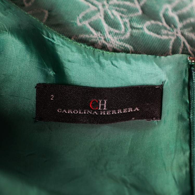 Pre Owned CH Carolina Herrera Green Floral Jacquard Trail Detail Flared Gown S