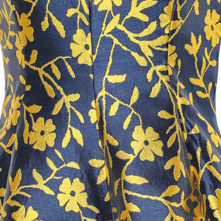 Pre Owned CH Carolina Herrera Blue & Yellow Floral Jacquard Sleeveless Flared Dress M