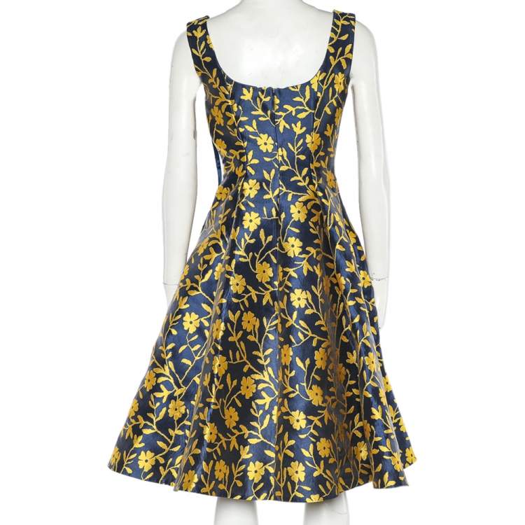 Pre Owned CH Carolina Herrera Blue & Yellow Floral Jacquard Sleeveless Flared Dress M
