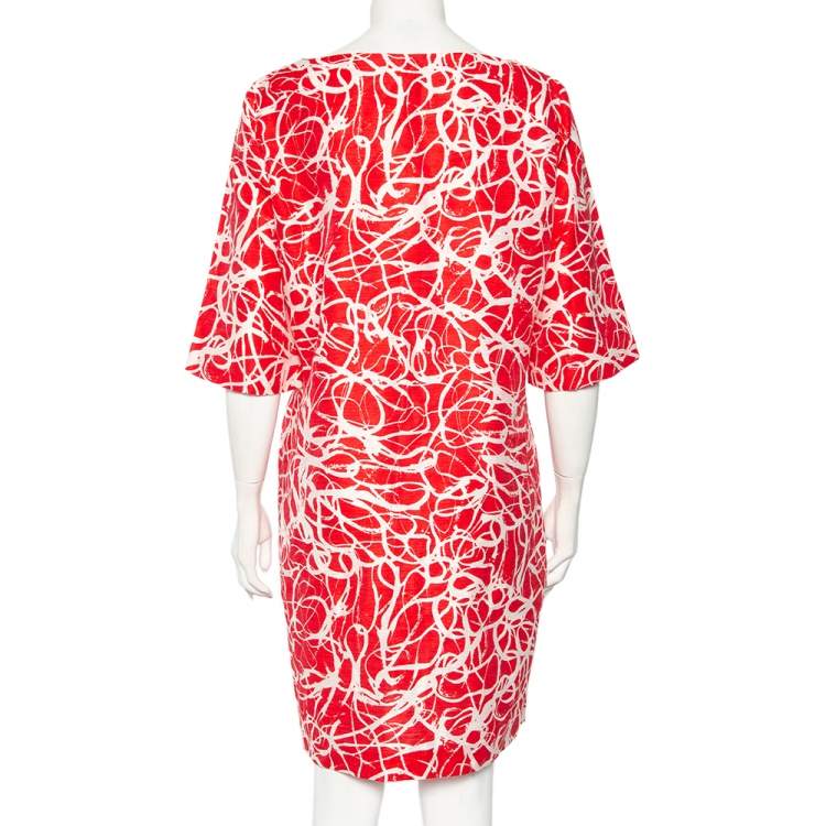 Pre Owned CH Carolina Herrera Red & White Printed Textured Linen Mini Dress L