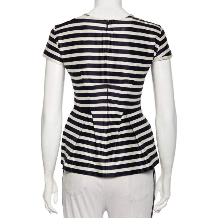 Pre Owned CH Carolina Herrera Blue & White Striped Cotton Waist Tie Detail Peplum Top XS