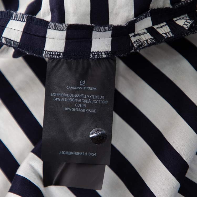 Pre Owned CH Carolina Herrera Blue & White Striped Cotton Waist Tie Detail Peplum Top XS