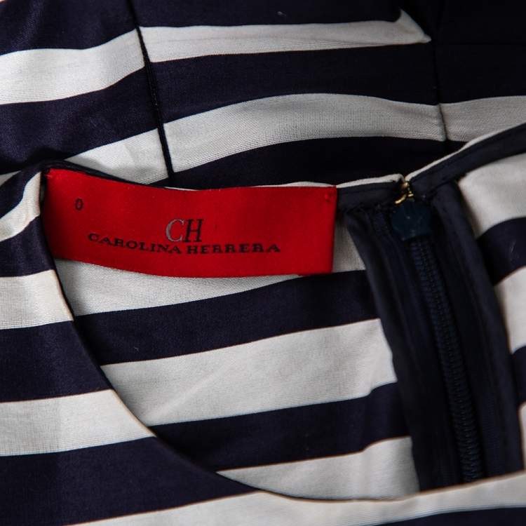Pre Owned CH Carolina Herrera Blue & White Striped Cotton Waist Tie Detail Peplum Top XS