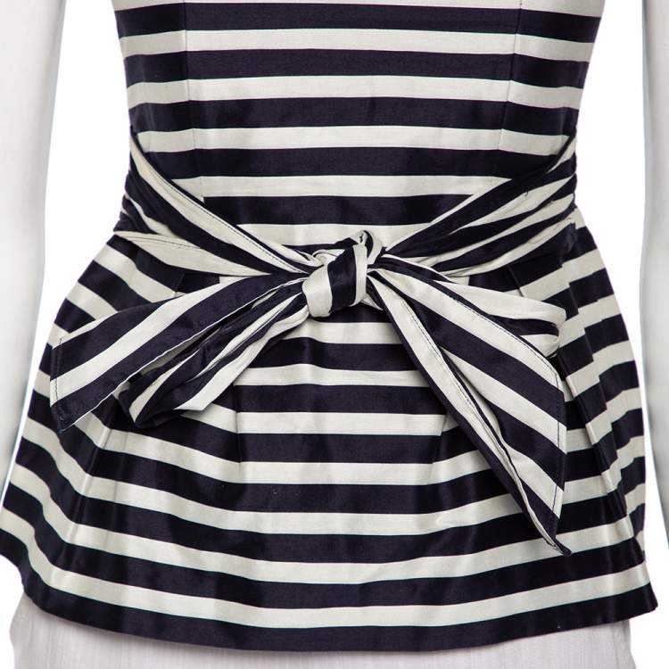 Pre Owned CH Carolina Herrera Blue & White Striped Cotton Waist Tie Detail Peplum Top XS