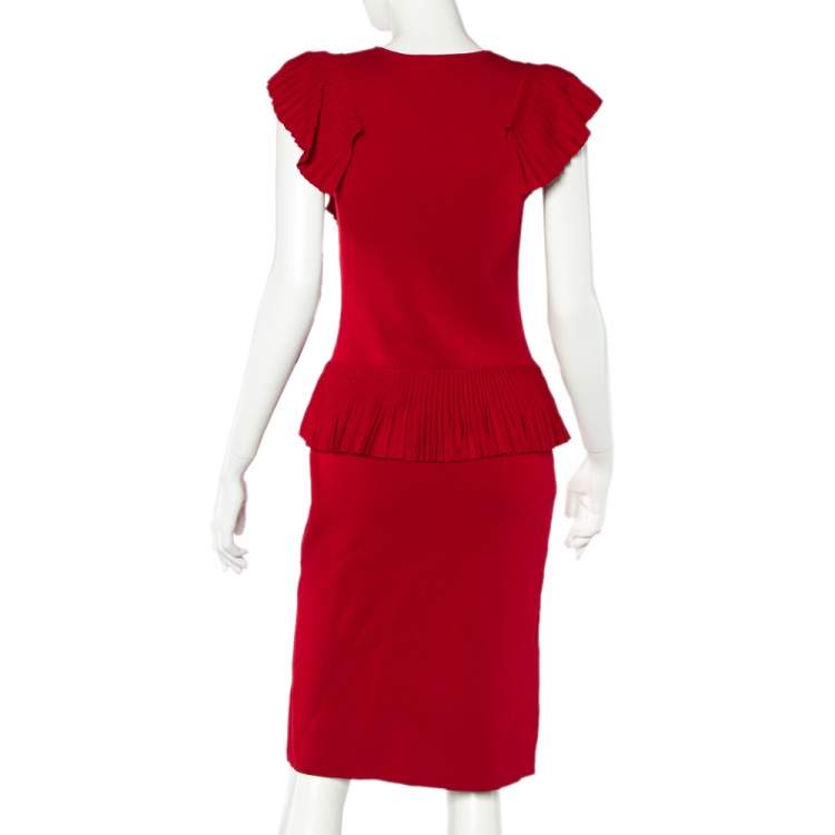 Pre Owned  CH Carolina Herrera Red Knit Ruffle Detail Peplum Dress