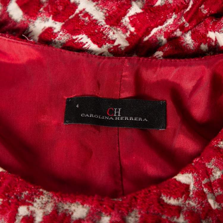 Pre Owned CH Carolina Herrera Red Wool Jacquard Paneled Pleated Dress S